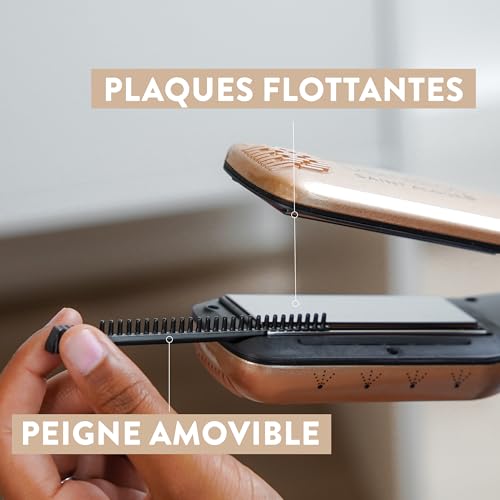 Demeliss - Saint Algue - TITANIUM, Lisseur Vapeur Plaques - Maxi-Réservoir Intégré 40ml - Peigne Latéral Amovible - Lissage Extrême et Protection des Cheveux - Doré/Champagne